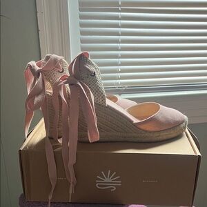 Soludos Light Pink Espadrille Wedge Sandals with Ankle Wrap
